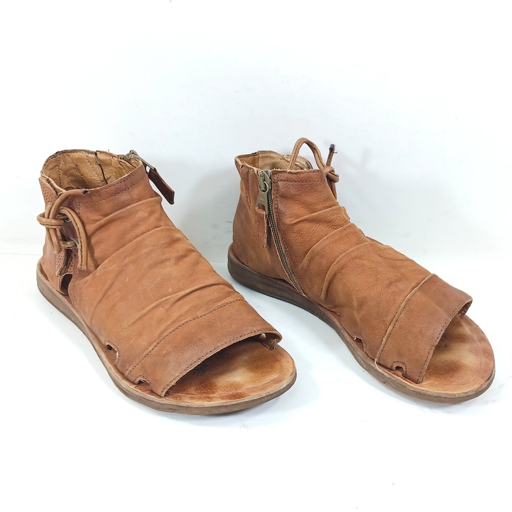 Miz Mooz Tan Leather Ruched Open Toe‎ Ankle Boot Sandals Size 38